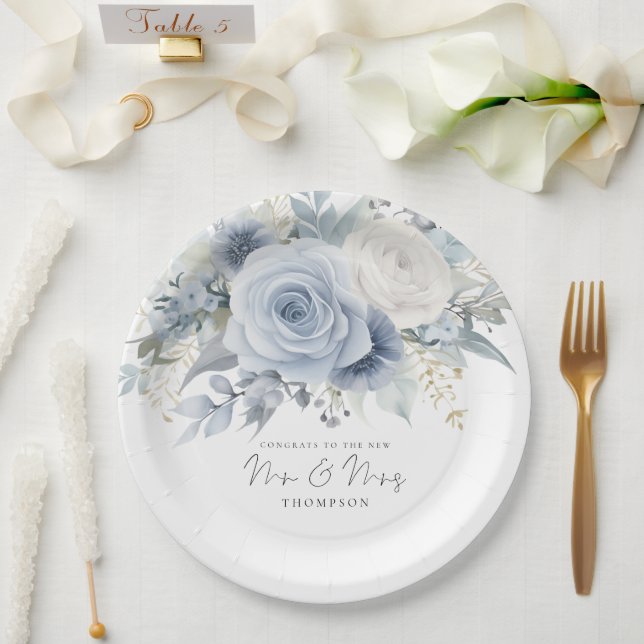 Modern Dusty Blue Florals Glückwunschs Mr. Wedding Pappteller (Hochzeit)