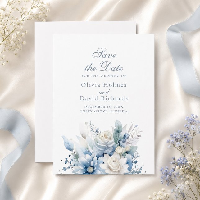 Modern Dusty Blue Flowers Save the Date Card (Dusty Blue Floral Save the Date Card)