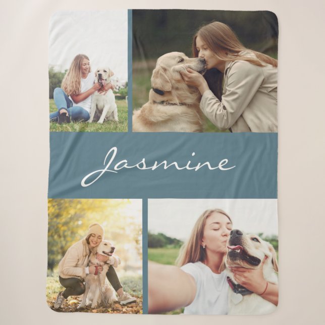 Modern Dusty Blue Foto Collage Hund Sherpadecke (Vorderseite)