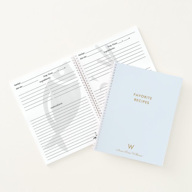 Modern Dusty Blue Gold Script Monogram Recipe Notizbuch (Innenseite)