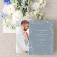 Modern Dusty Blue Minimal Leaf Photo Wedding