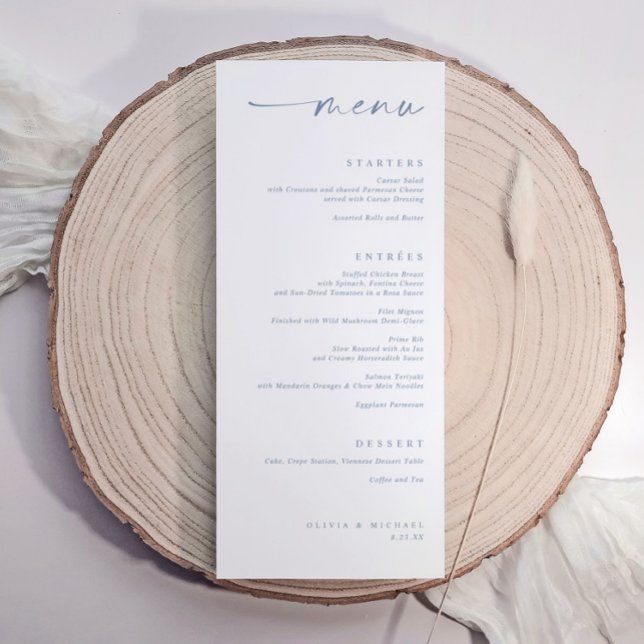 Modern Dusty Blue Minimalist Handwriting Wedding Menükarte (Elegant wedding menu with dusty blue handwritten calligraphy and minimalist modern layout.)