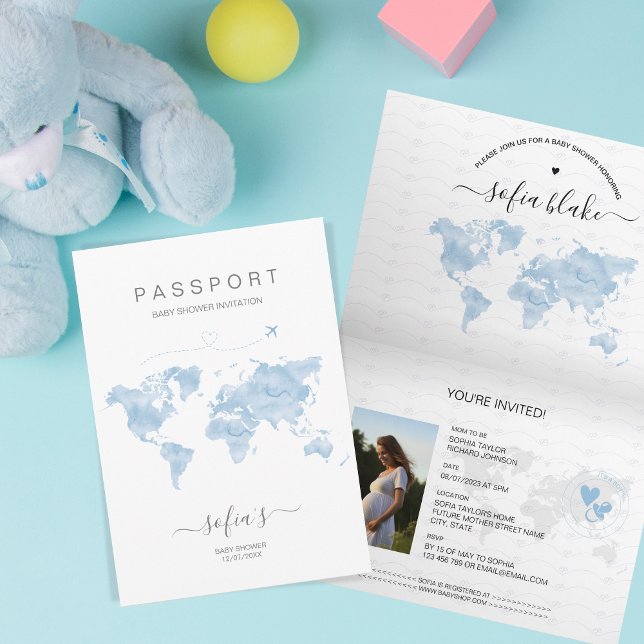 Modern Dusty Blue Passport World Map Kinderdusche Einladung (Von Creator hochgeladen)