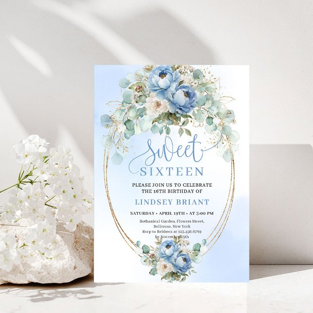 Modern Dusty Blue Peonies Eucalyptus Gold Sweet 16 Einladung (Modern Dusty Blue Peonies Eucalyptus Gold Sweet 16)