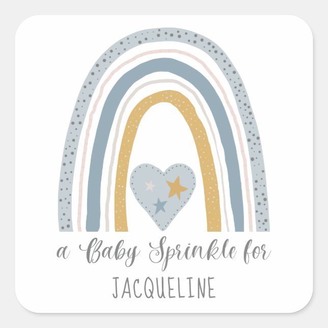 Modern Dusty Blue Rainbow Baby Boy Sprinkle Dusche Quadratischer Aufkleber (Vorderseite)