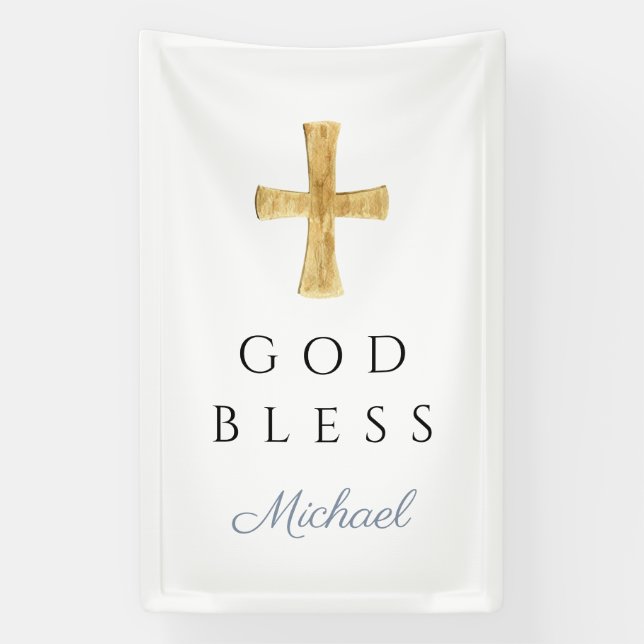 Modern Dusty Blue Religious Cross Boy God Bless Banner (Vertikal)
