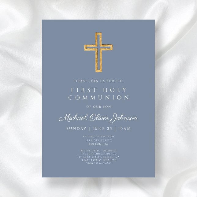 Modern Dusty Blue Religious Junge Erste Kommune Einladung (Modern Dusty Blue Religious Boy First Communion Invitation)