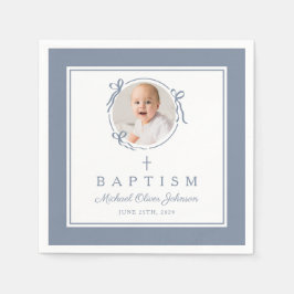 Modern Dusty Blue Religius Cross Boy Baptism Serviette