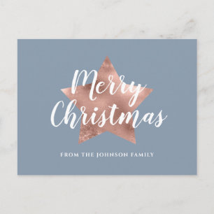 Modern Dusty Blue Rose Gold Star Frohe Weihnachten Postkarte