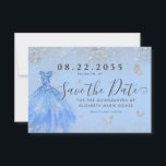 Modern Dusty Blue Silver Glitzer Gown Quinceanera Save The Date<br><div class="desc">Modern Dusty Blue Silver Gray Princess Gown Dress Glitzer Sparkle Butterfly 15. Geburtstag Quinceanera Save the Date Einladung</div>