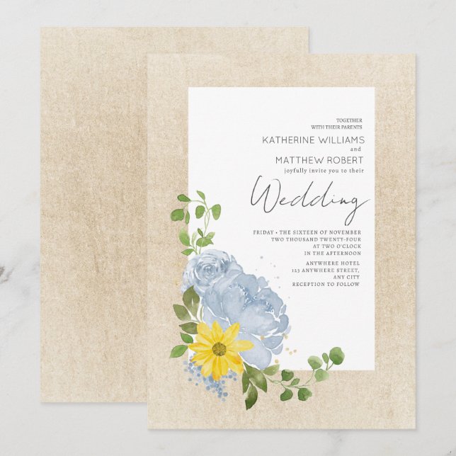 Modern Dusty Blue Sonnenblumenblume Boho Wedding Einladung (Vorne/Hinten)