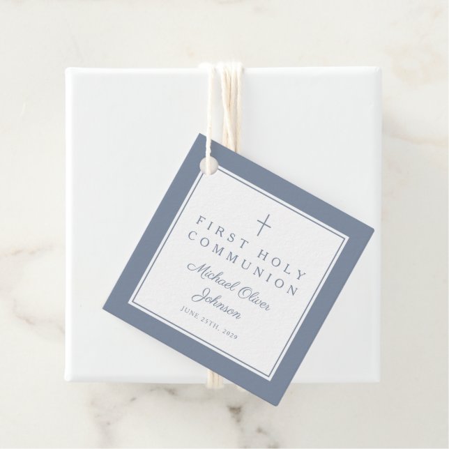 Modern Dusty Blue Thank You Boy First Communion Geschenkanhänger (Beispiel)