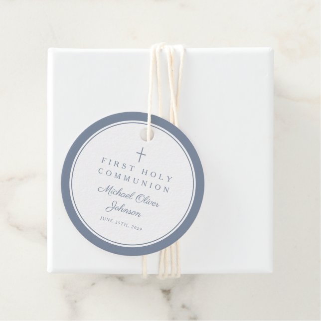 Modern Dusty Blue Thank You Boy First Communion Geschenkanhänger (Beispiel)