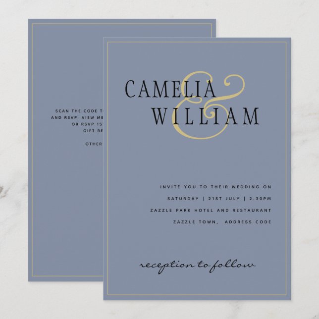 Modern Dusty Blue Wedding Einladung Gold (Vorne/Hinten)