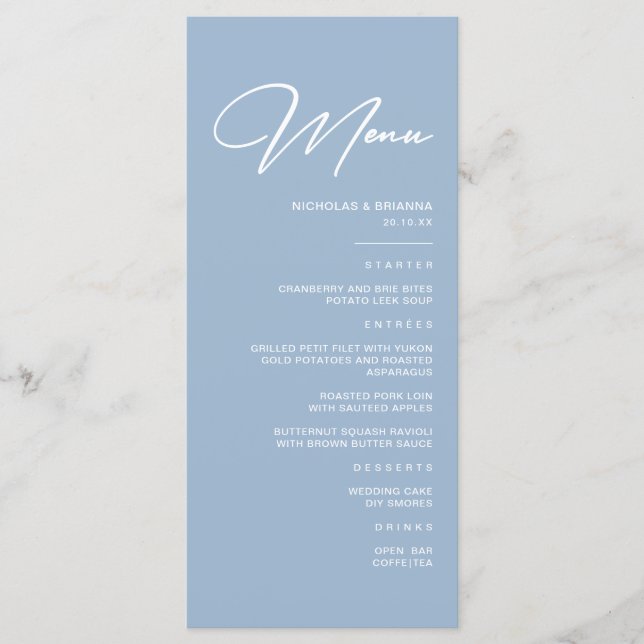 Modern Dusty Blue Wedding Menükarte (Vorderseite)