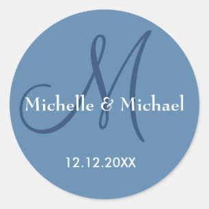 Modern Dusty Blue Wedding Monogram Name Runder Aufkleber