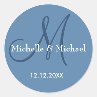 Modern Dusty Blue Wedding Monogram Name Runder Aufkleber