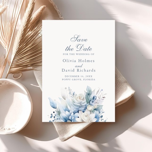 Modern Dusty Blue Wildfower Save the Date Card (Modern Dusty Blue Wildfower Save the Date Card on a sunny boho table.)