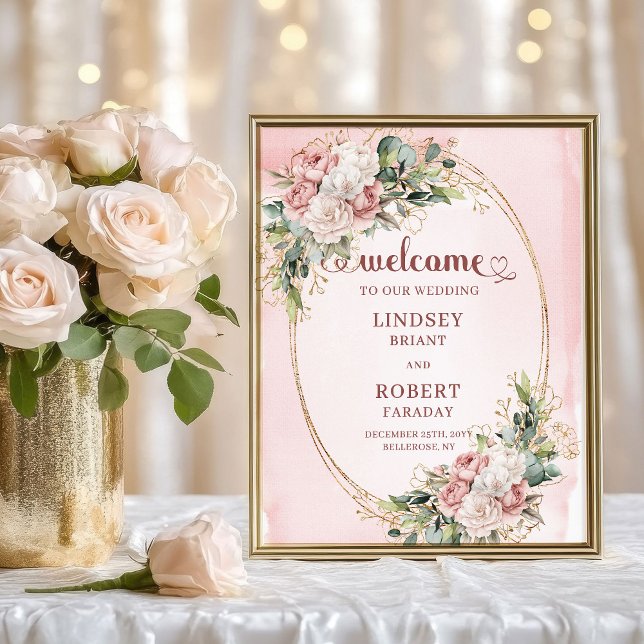 Modern Dusty Pink Floral Gold Glitter Welcome Sign Poster (Modern Dusty Pink Floral Gold Glitter Welcome Sign)