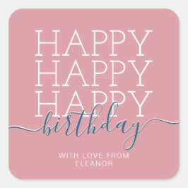 Modern dusty pink Happy Birthday Quadratischer Aufkleber