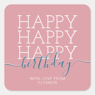 Modern dusty pink Happy Birthday Quadratischer Aufkleber