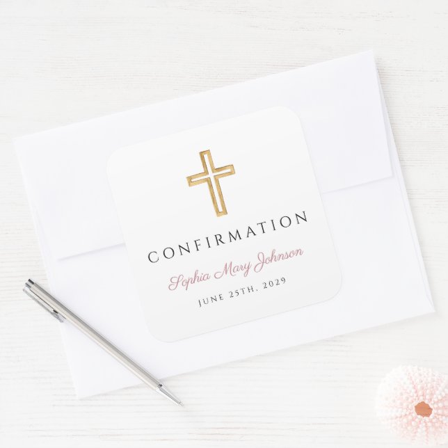 Modern Dusty Pink Religious Girl Confirmation Quadratischer Aufkleber (Umschlag)