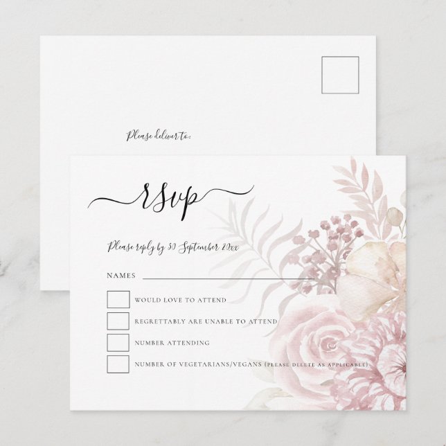 Modern Dusty Pink Tinted Florals Wedding RSVP Einladungspostkarte (Vorne/Hinten)