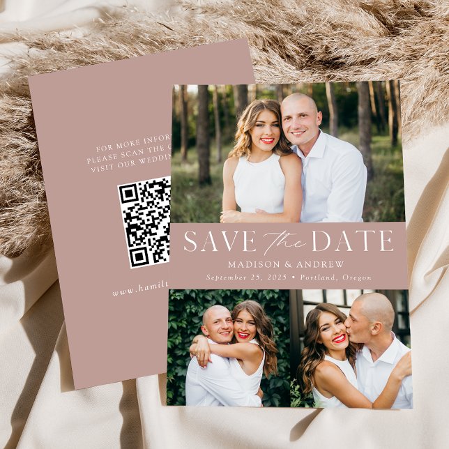 Modern Dusty Rose 3 Photo QR Code Save The Date (Von Creator hochgeladen)
