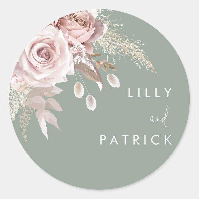 Modern Dusty Rose Blush & Sage Wedding Runder Aufkleber (Vorderseite)