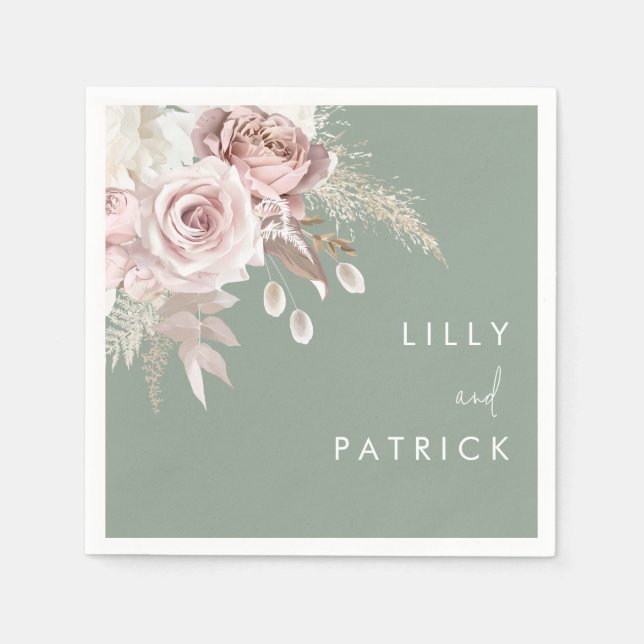 Modern Dusty Rose Blush & Sage Wedding Serviette (Vorderseite)