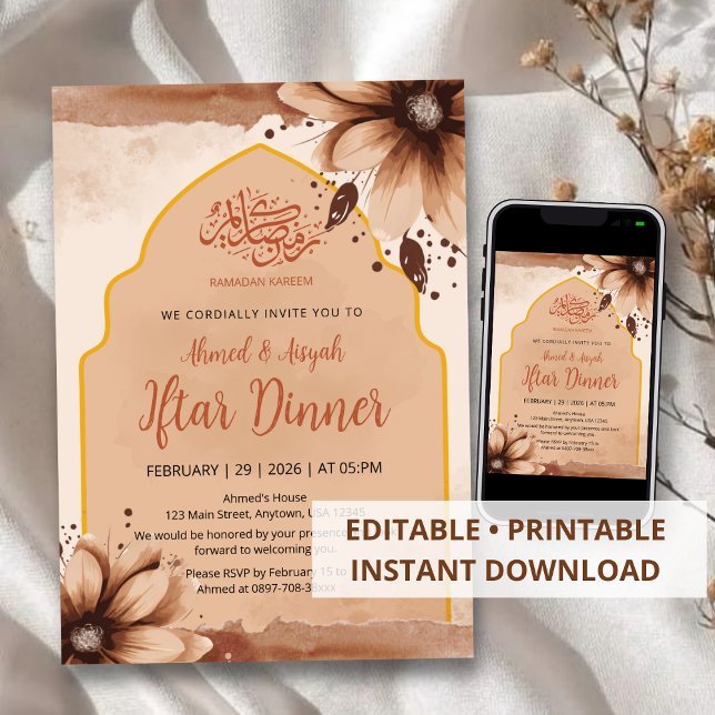 Modern Earth Tone Floral Arched Iftar Invitation (Créateur téléchargé)