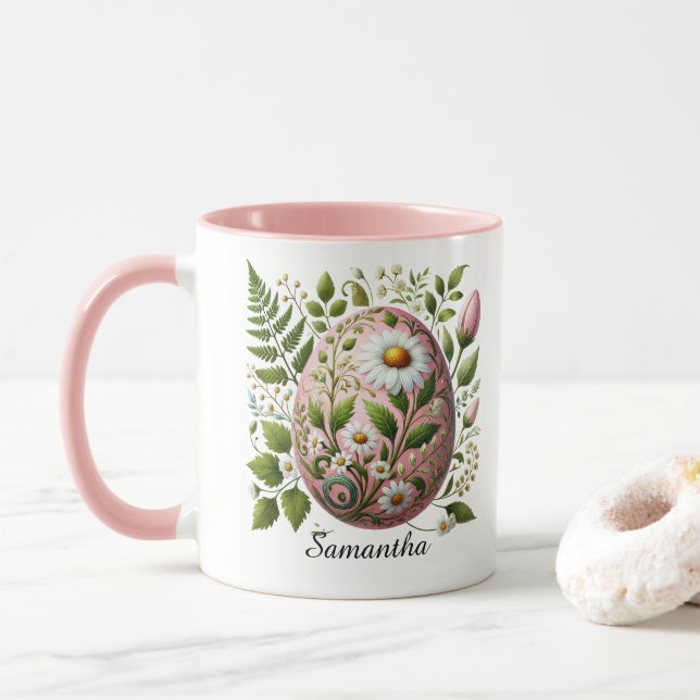 Modern Easter Egg Floral Customizable Name  Tasse (Mit Donut)