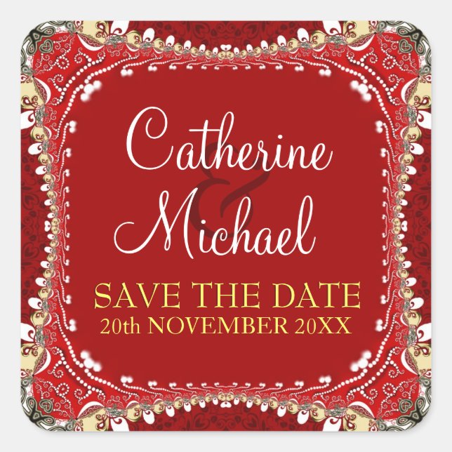 Modern Eastern Red Save the Date Sticker (Vorderseite)