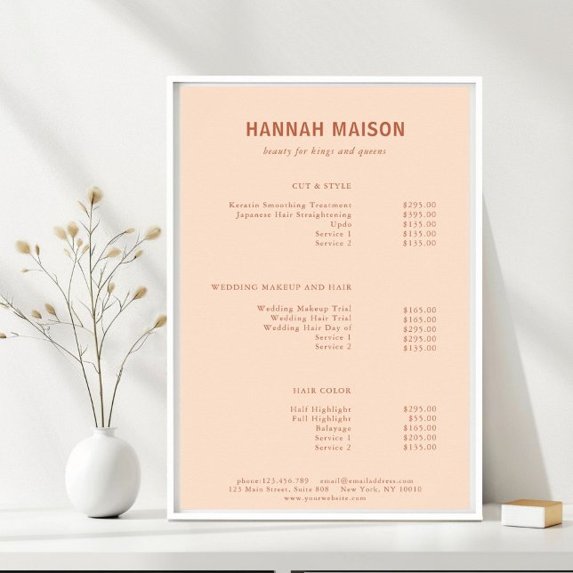 Modern, einfach, Beruflich, Salon, Preisliste Poster (Modern, Simple, Professional, Salon, Peach & Orange-Brown, Price List Poster, for Service Providers.)