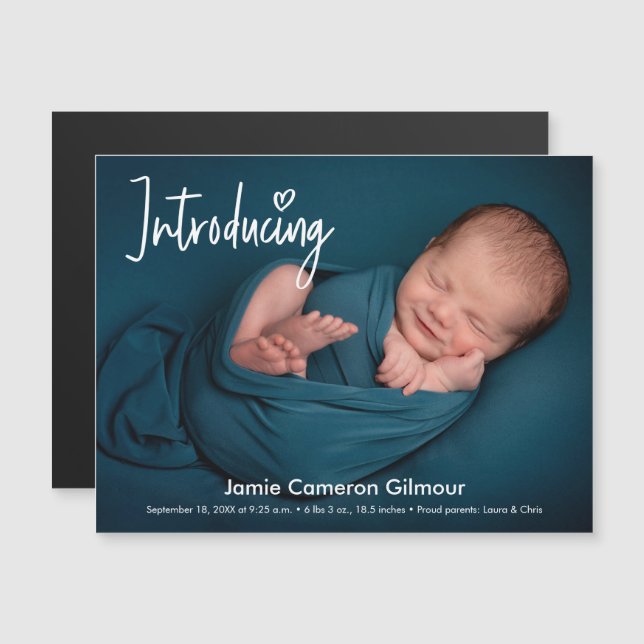 Modern Einführung Baby Boy Foto Name Magneteinladung (Vorne/Hinten)
