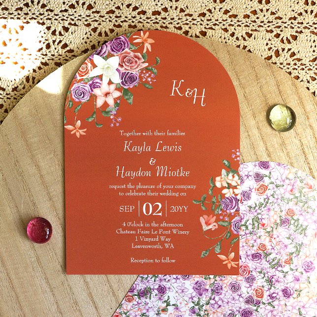 Modern eingerichtete Rose Lilac Einladung (modern arched springtime terracotta peach lavender lilac purple roses boho wedding invitations)