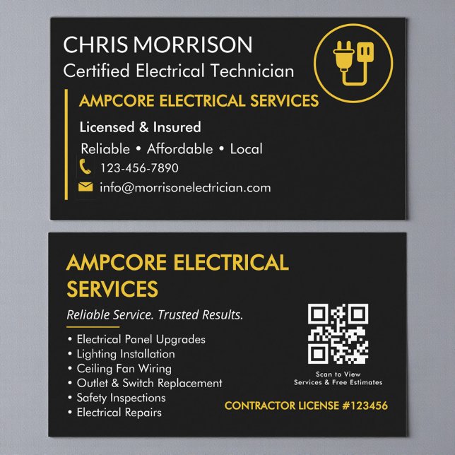 Modern Electrician Contractor QR Code Black Yellow Visitenkarte (Von Creator hochgeladen)