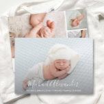 Modern Elegance Baby Boy Photo Birth Announcement<br><div class="desc">Elegantly sweet birth announcements feature your favorite newborn photo in full bleed, your baby 's name and birth stats in white chic lettering. A photo collage and parent's names on the back. *TIP: You may want to size the 2 square photos on the back BEFORE uploading them for easy placement....</div>