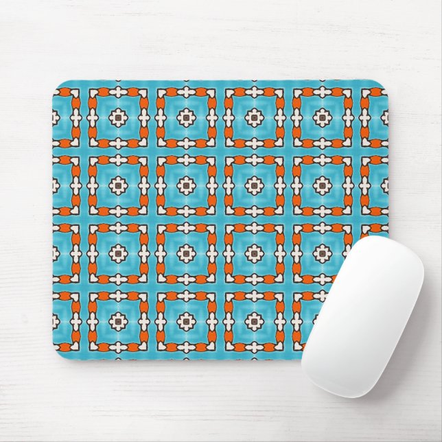 Modern Elegance Blue Orange White Azulejos Tile Mousepad (Mit Mouse)