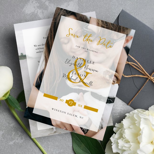 Modern Elegance Golden Typography Script 2 Photos Save The Date (Modern Elegance Golden Typography Script 2 Photos Save the Date Card.)