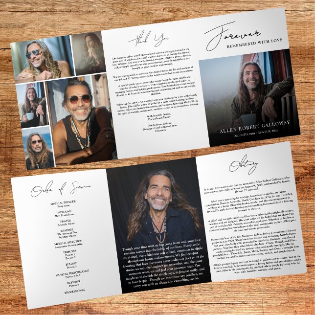 Modern Elegant 7 Photo Trifold Funeral Program Dreifach-gefaltete Programmkarte (Von Creator hochgeladen)