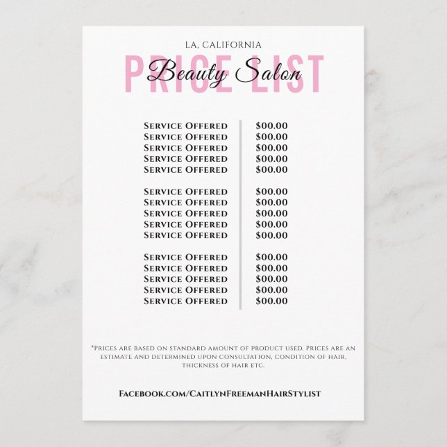 Modern Elegant Beauty Salon Price List Menükarte (Vorderseite)