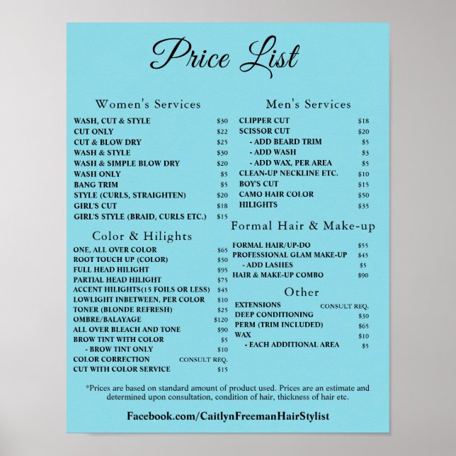 Modern Elegant Beauty Salon Price List Poster (Vorne)