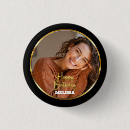 Modern Elegant Black & Gold Photo Name Birthday Button