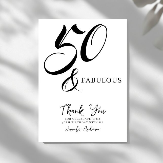 Modern Elegant Black White Fifty Fabulous Birthday Dankeskarte (Von Creator hochgeladen)