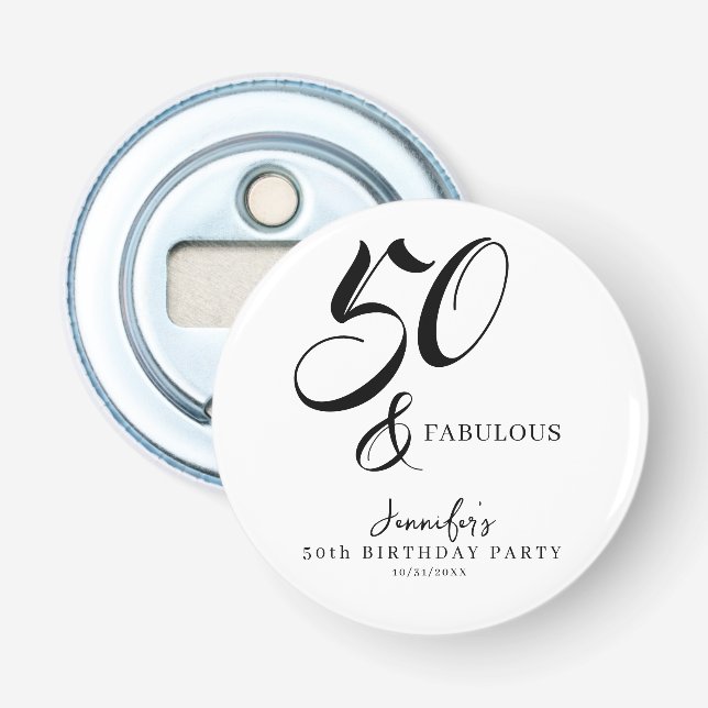 Modern Elegant Black White Fifty Fabulous Birthday Flaschenöffner (Vorderseite)