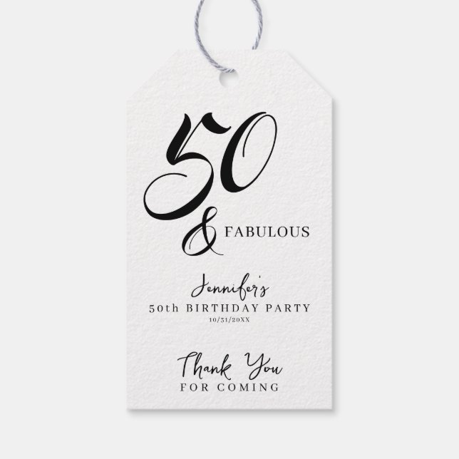 Modern Elegant Black White Fifty Fabulous Birthday Geschenkanhänger (Rückseite)