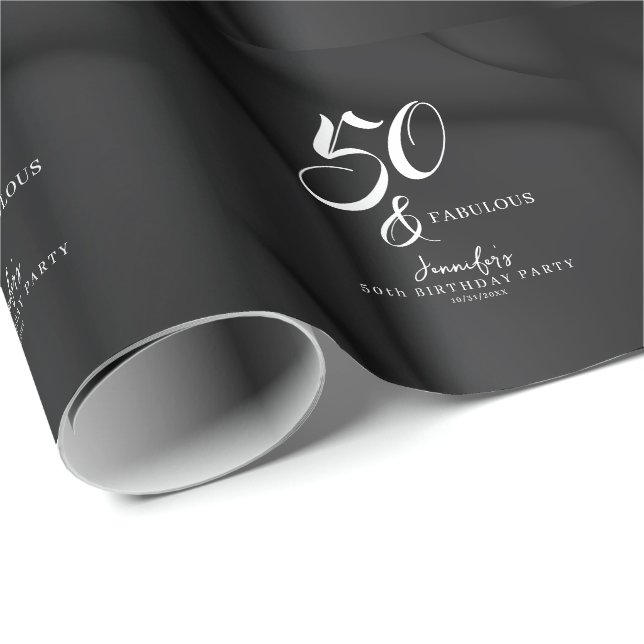 Modern Elegant Black White Fifty Fabulous Birthday Geschenkpapier (Rolleneckpunkt)