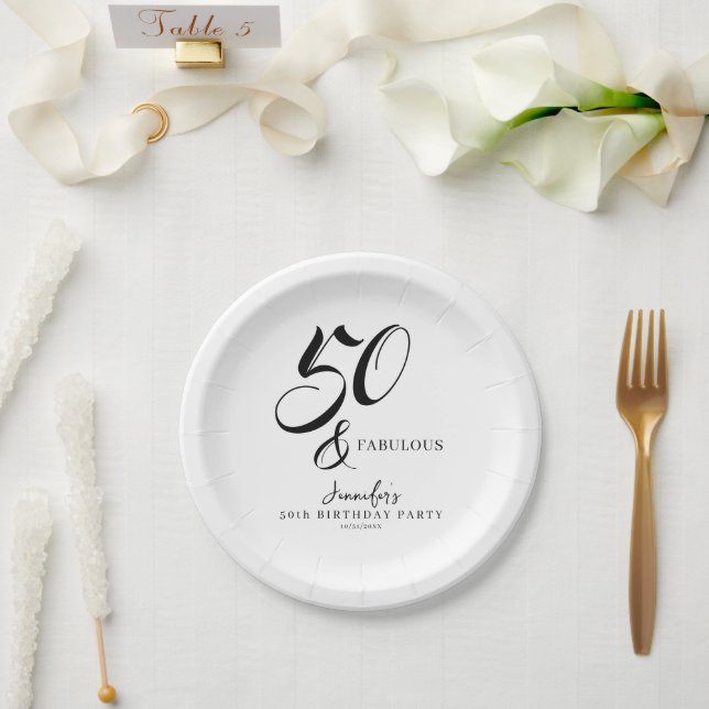 Modern Elegant Black White Fifty Fabulous Birthday Pappteller (Hochzeit)
