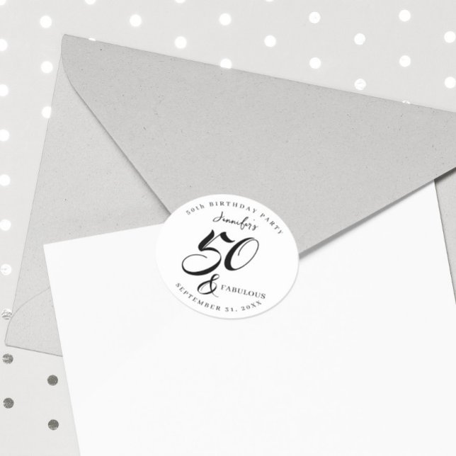 Modern Elegant Black White Fifty Fabulous Birthday Runder Aufkleber (Von Creator hochgeladen)
